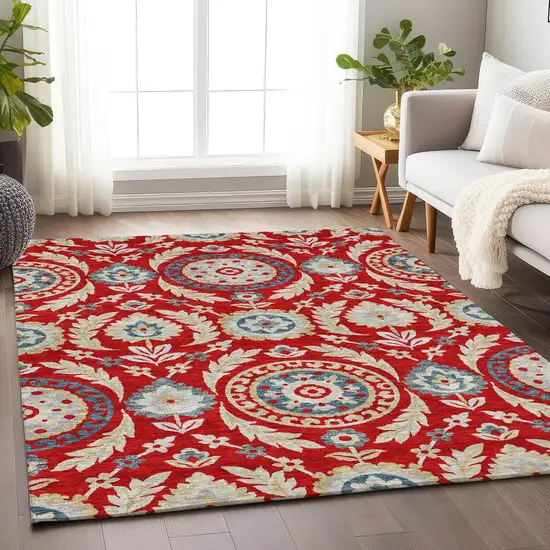 Red Gold And Blue Floral Washable Area Rug With UV Protection Photo 5