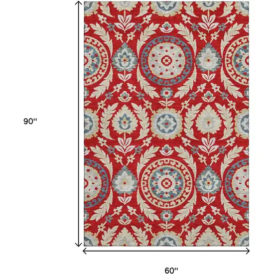 Red Gold And Blue Floral Washable Area Rug With UV Protection Photo 3
