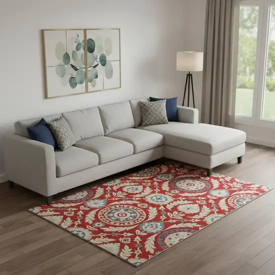 Red Gold And Blue Floral Washable Area Rug With UV Protection Photo 1