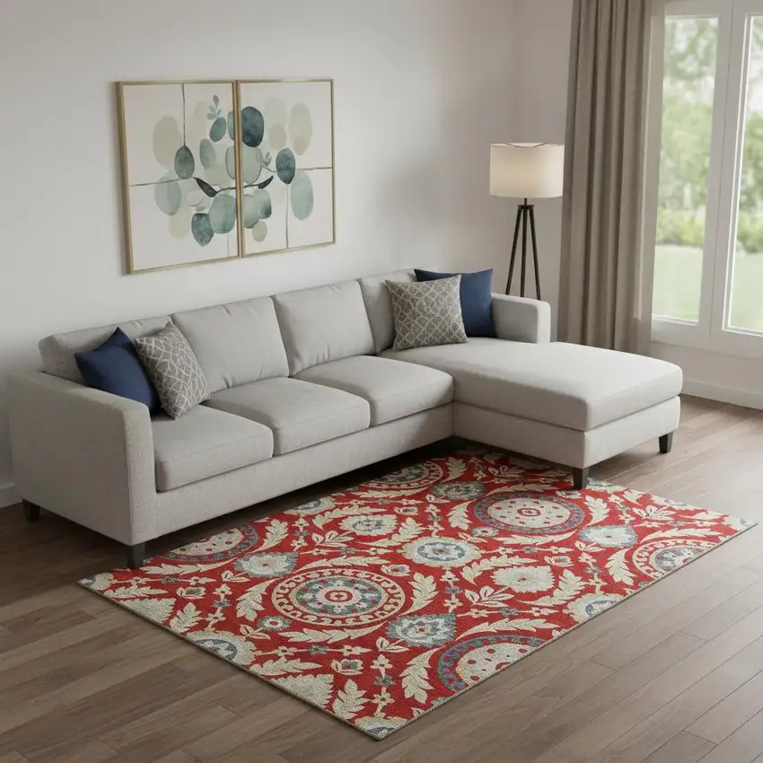 Red Gold And Blue Floral Washable Area Rug With UV Protection Photo 1