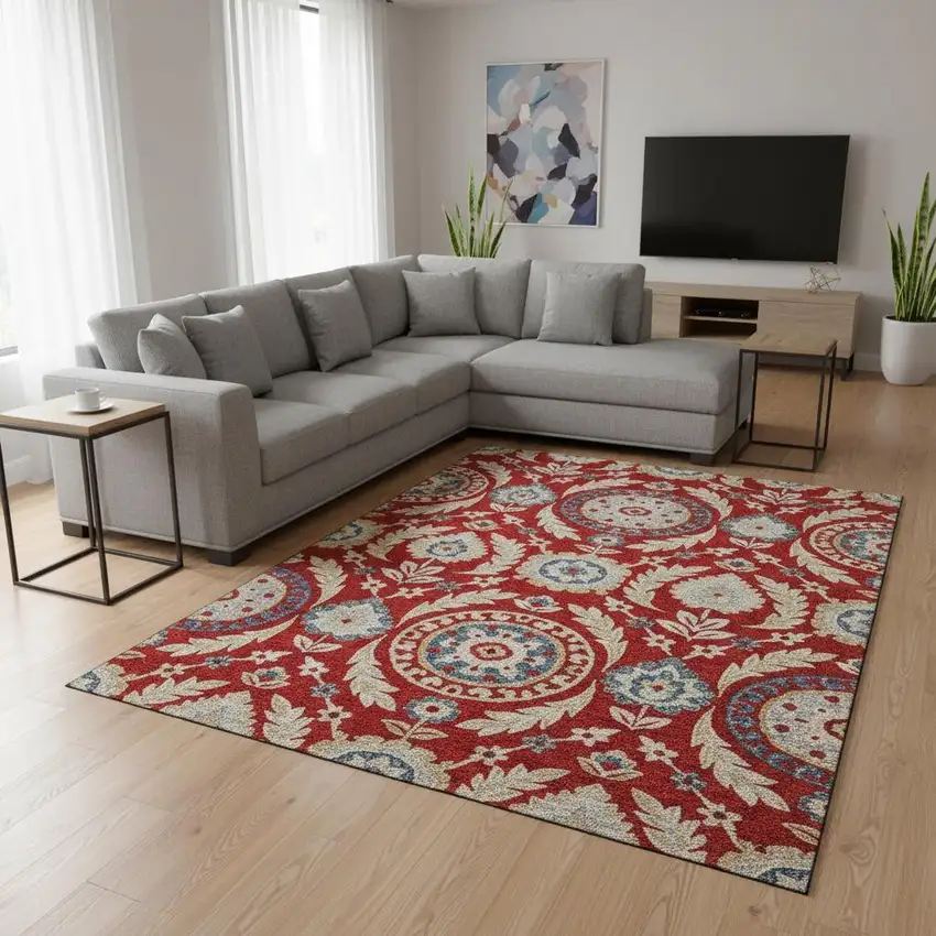 Red Gold And Blue Floral Washable Area Rug With UV Protection Photo 2