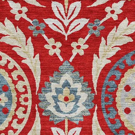 Red Gold And Blue Floral Washable Area Rug With UV Protection Photo 3