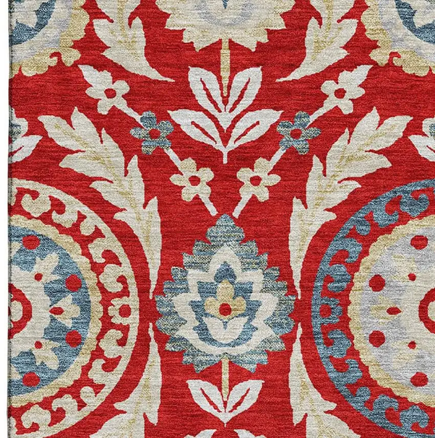 Red Gold And Blue Floral Washable Area Rug With UV Protection Photo 4