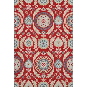 Photo of Red Gold And Blue Floral Washable Area Rug With UV Protection
