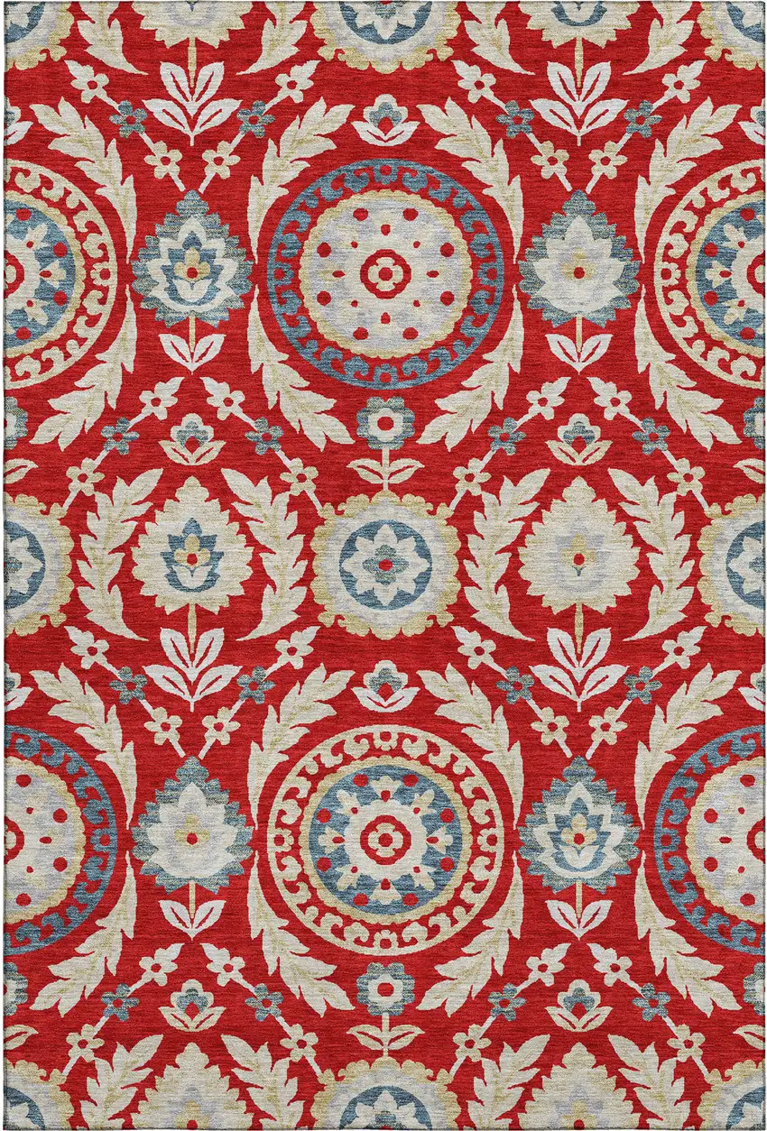 Red Gold And Blue Floral Washable Area Rug With UV Protection Photo 1
