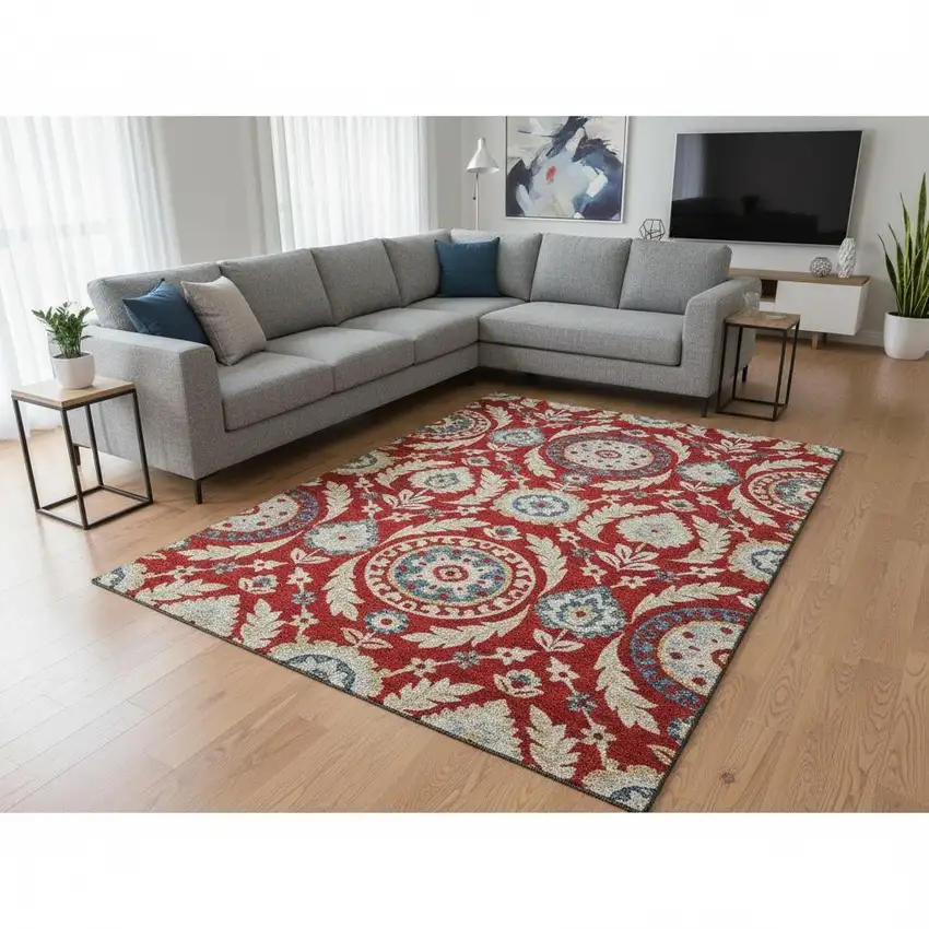 Red Gold And Blue Floral Washable Area Rug With UV Protection Photo 2