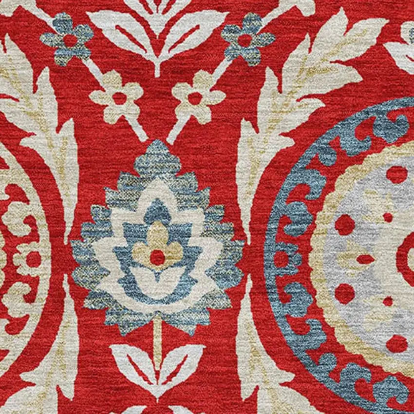 Red Gold And Blue Floral Washable Area Rug With UV Protection Photo 3