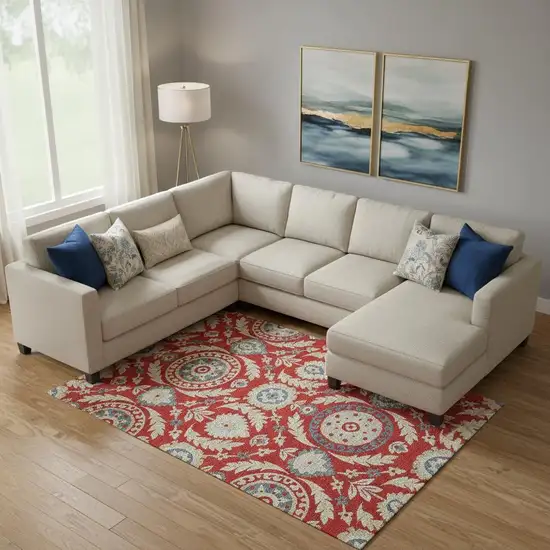 Red Gold And Blue Floral Washable Area Rug With UV Protection Photo 1