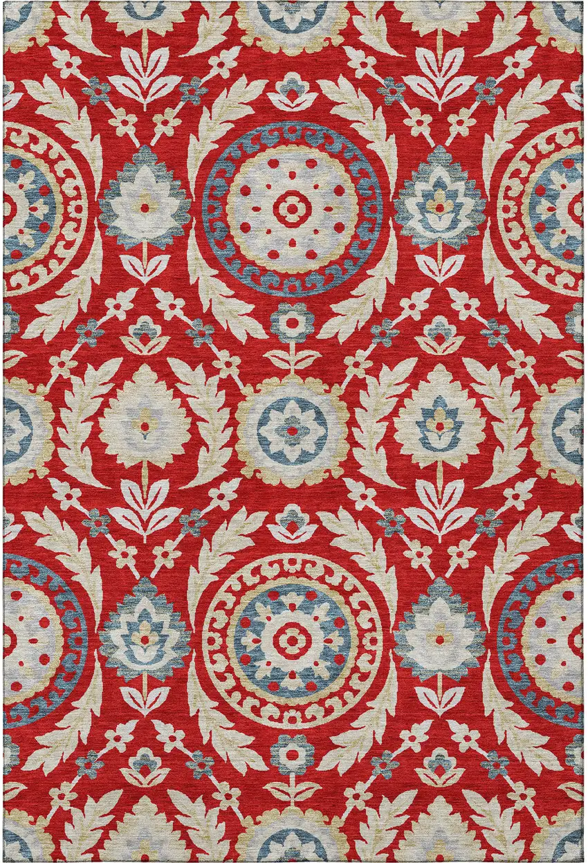Red Gold And Blue Floral Washable Area Rug With UV Protection Photo 4