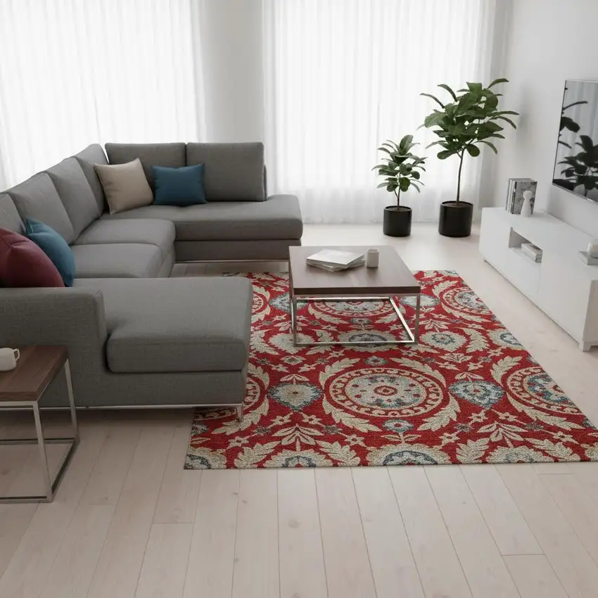 Red Gold And Blue Floral Washable Area Rug With UV Protection Photo 2