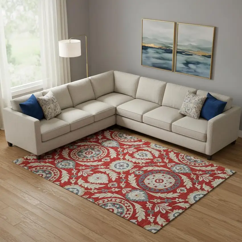 Red Gold And Blue Floral Washable Area Rug With UV Protection Photo 1