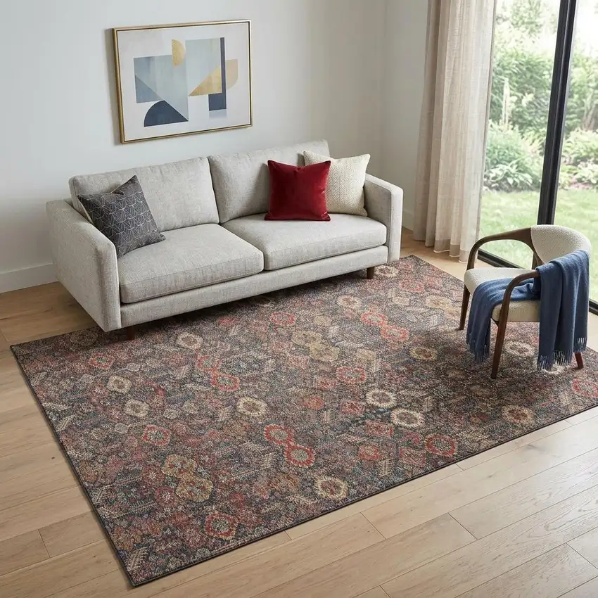Red Gold And Gray Tribal Washable Area Rug With UV Protection Photo 1