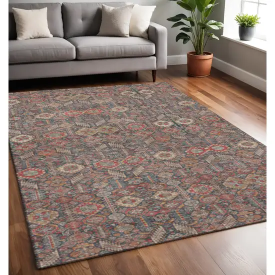 Red Gold And Gray Tribal Washable Area Rug With UV Protection Photo 2
