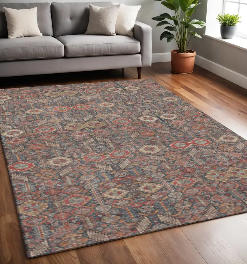 Red Gold And Gray Tribal Washable Area Rug With UV Protection Photo 2