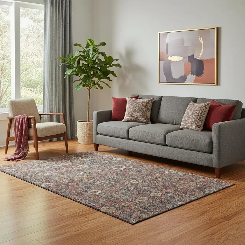 Red Gold And Gray Tribal Washable Area Rug With UV Protection Photo 1