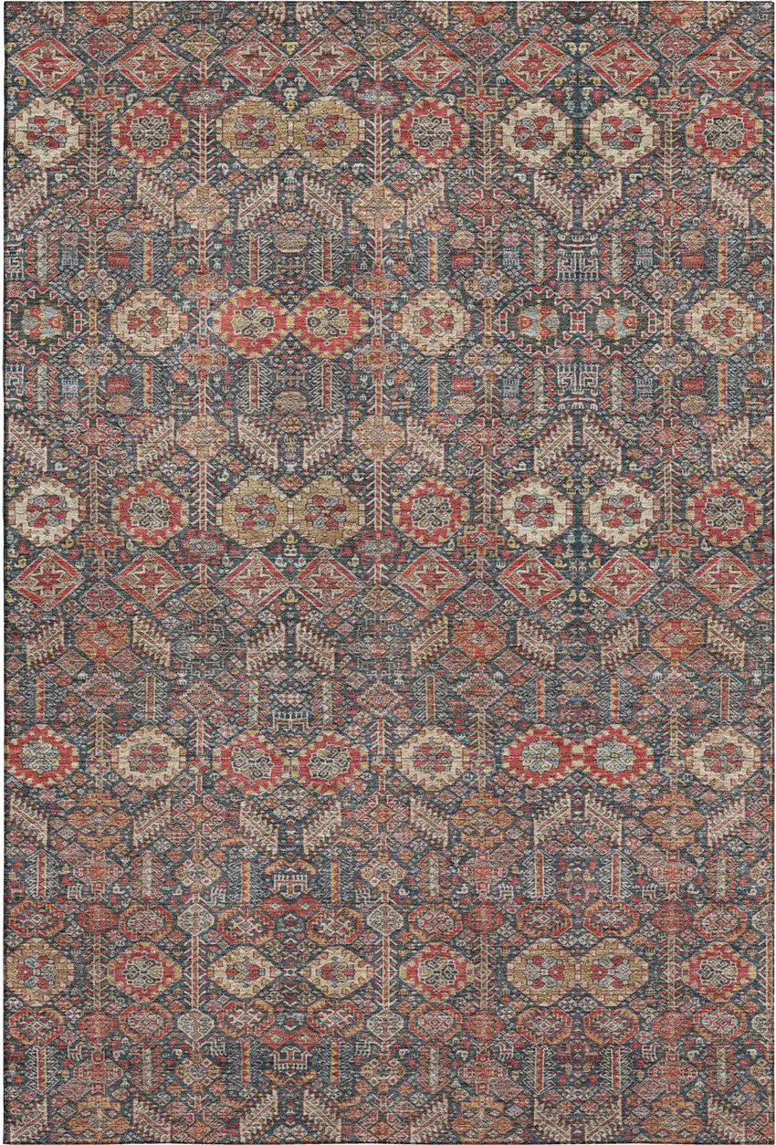 Red Gold And Gray Tribal Washable Area Rug With UV Protection Photo 1
