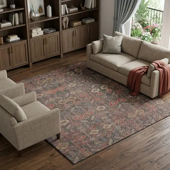 Red Gold And Gray Tribal Washable Area Rug With UV Protection Photo 1