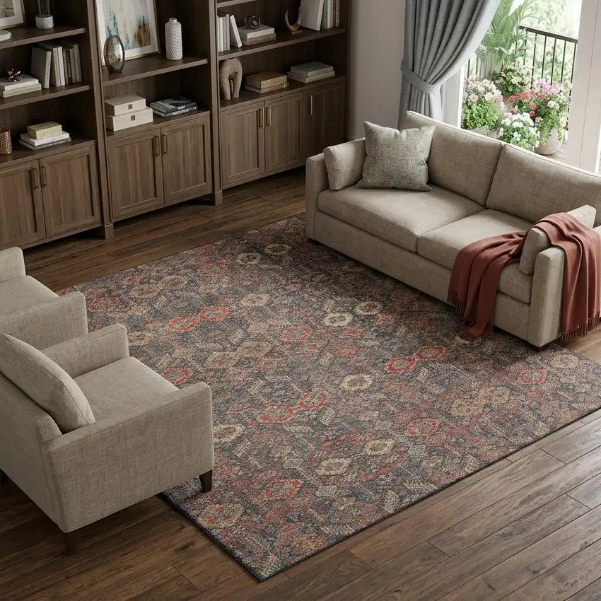 Red Gold And Gray Tribal Washable Area Rug With UV Protection Photo 1