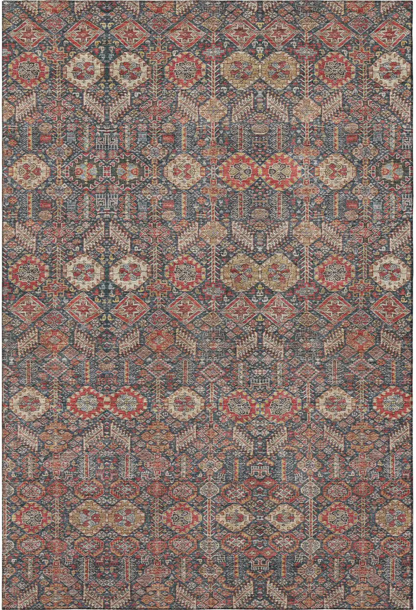 Red Gold And Gray Tribal Washable Area Rug With UV Protection Photo 5