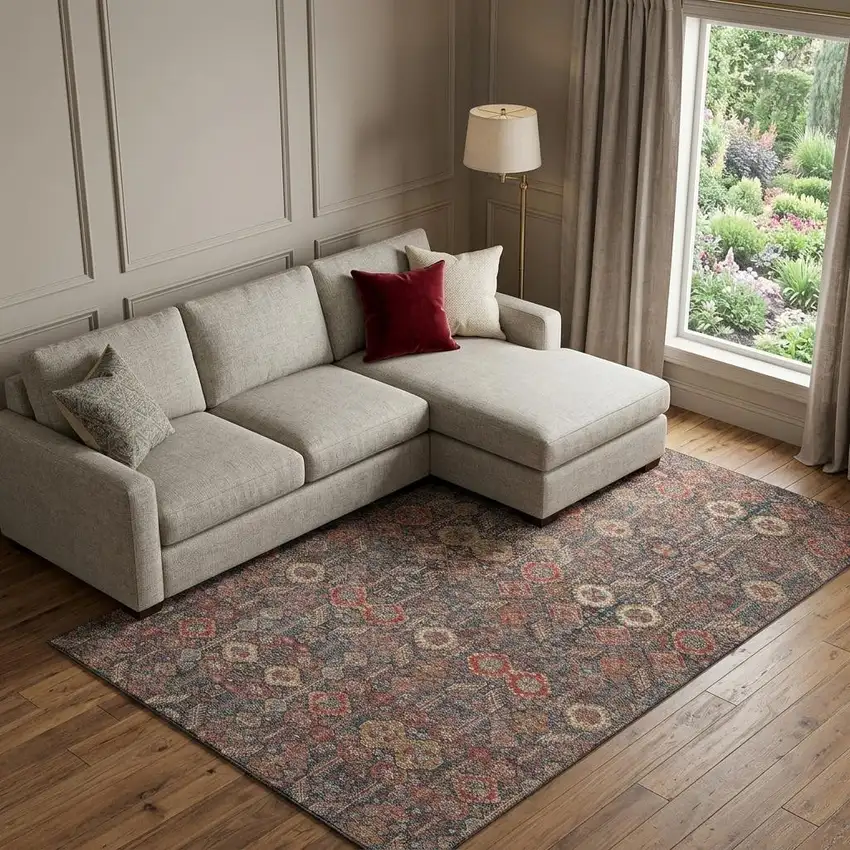 Red Gold And Gray Tribal Washable Area Rug With UV Protection Photo 1