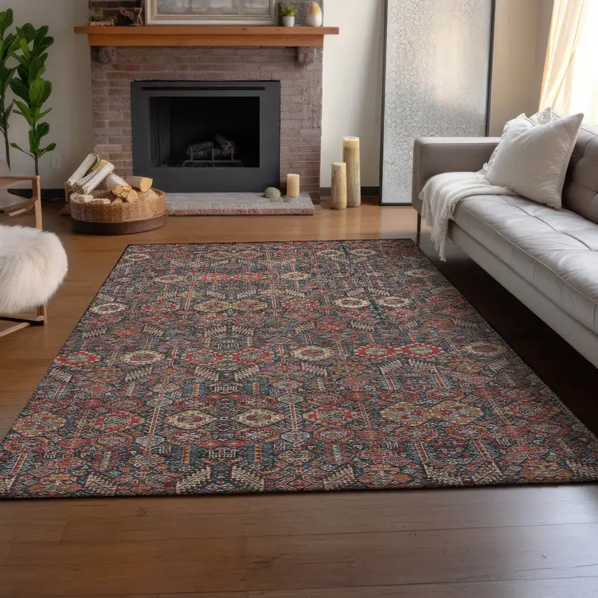 Red Gold And Gray Tribal Washable Area Rug With UV Protection Photo 5