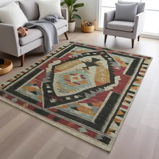 Red Gold And Gray Tribal Washable Indoor Outdoor Area Rug Photo 6