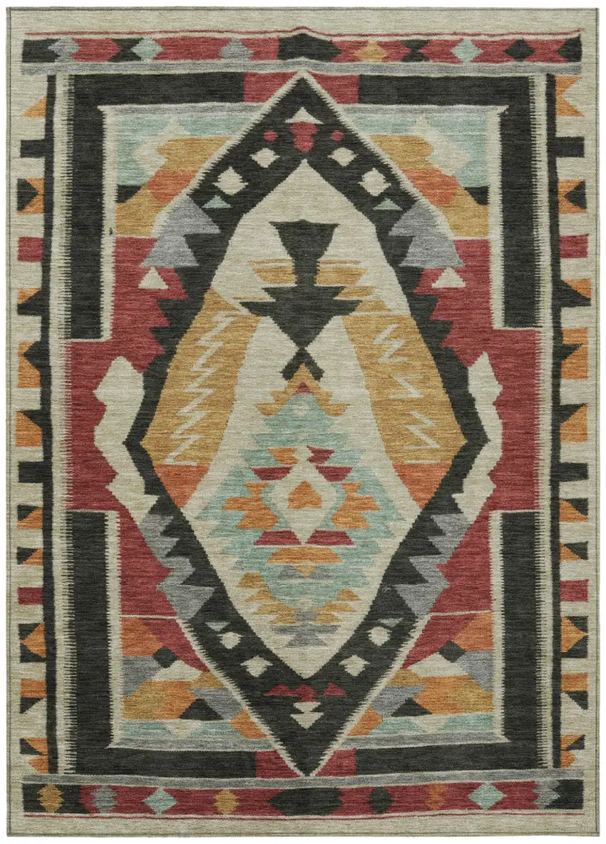 Red Gold And Gray Tribal Washable Indoor Outdoor Area Rug Photo 1