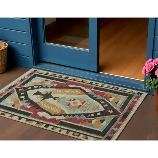 Red Gold And Gray Tribal Washable Indoor Outdoor Area Rug Photo 2