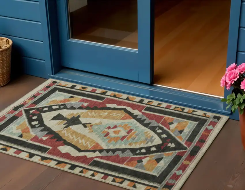 Red Gold And Gray Tribal Washable Indoor Outdoor Area Rug Photo 2