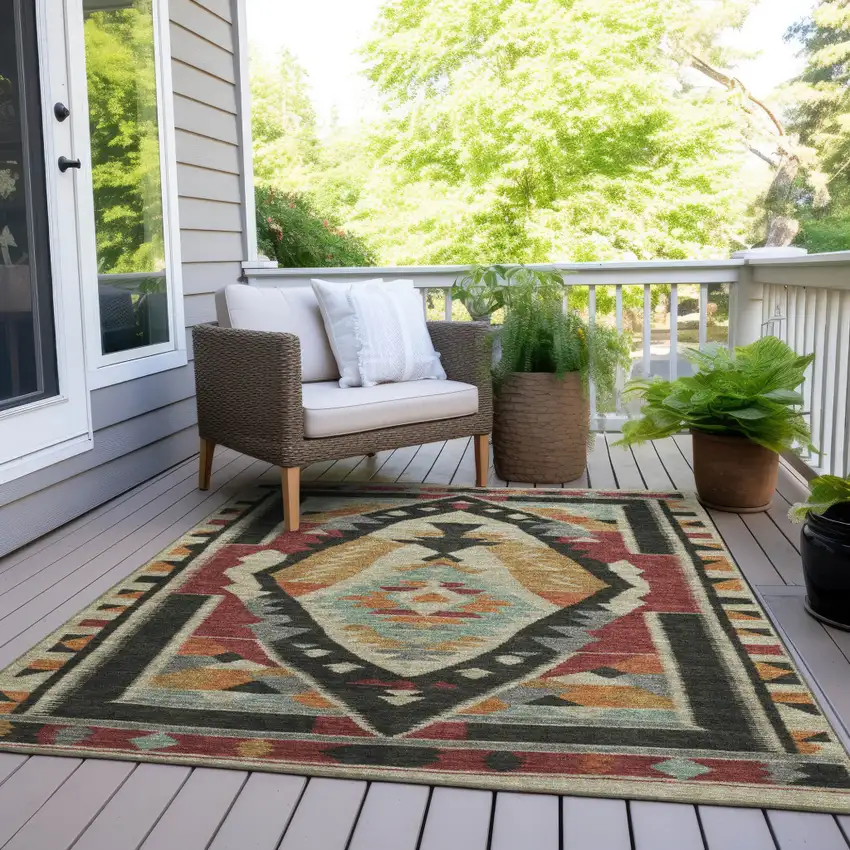 Red Gold And Gray Tribal Washable Indoor Outdoor Area Rug Photo 8