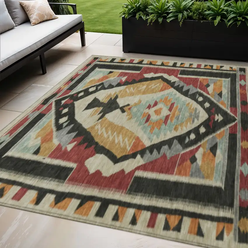 Red Gold And Gray Tribal Washable Indoor Outdoor Area Rug Photo 2