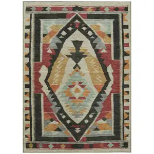 Photo of Red Gold And Gray Tribal Washable Indoor Outdoor Area Rug
