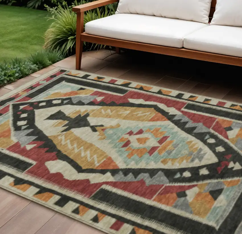 Red Gold And Gray Tribal Washable Indoor Outdoor Area Rug Photo 2