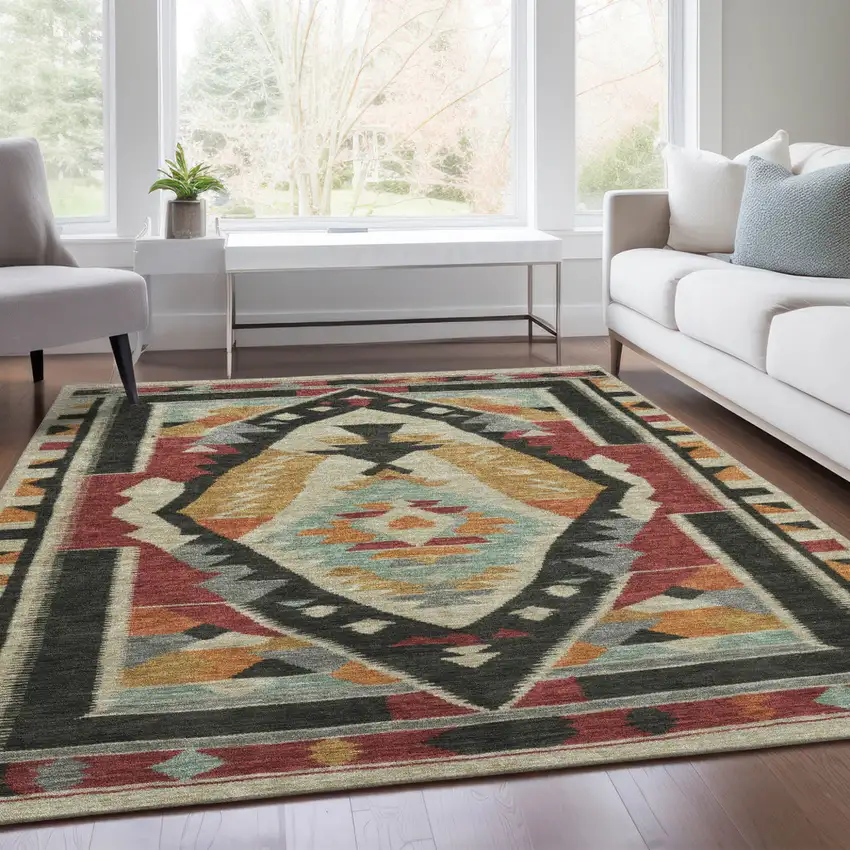 Red Gold And Gray Tribal Washable Indoor Outdoor Area Rug Photo 7