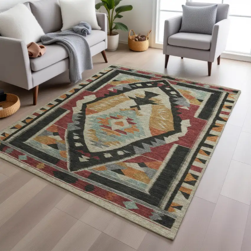 Red Gold And Gray Tribal Washable Indoor Outdoor Area Rug Photo 6