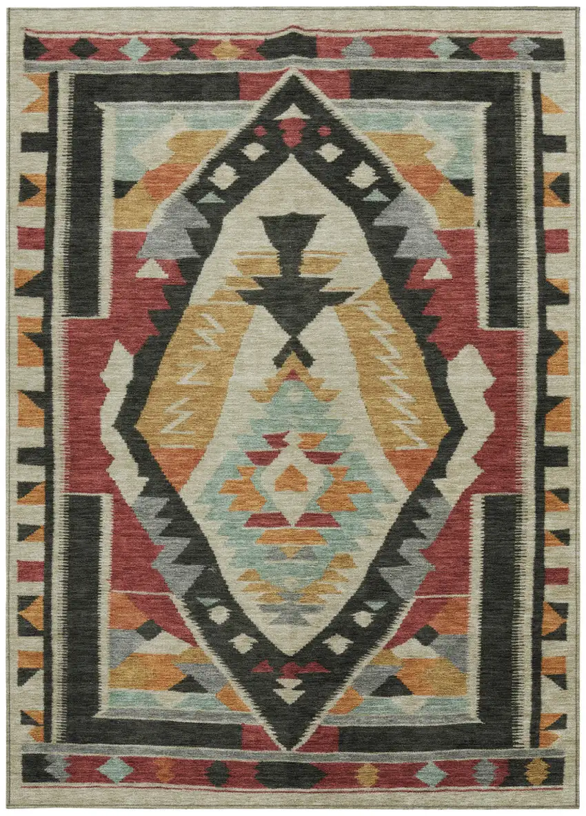 Red Gold And Gray Tribal Washable Indoor Outdoor Area Rug Photo 3