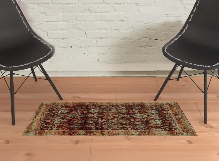 Red Gold And Green Oriental Power Loom Stain Resistant Area Rug Photo 2