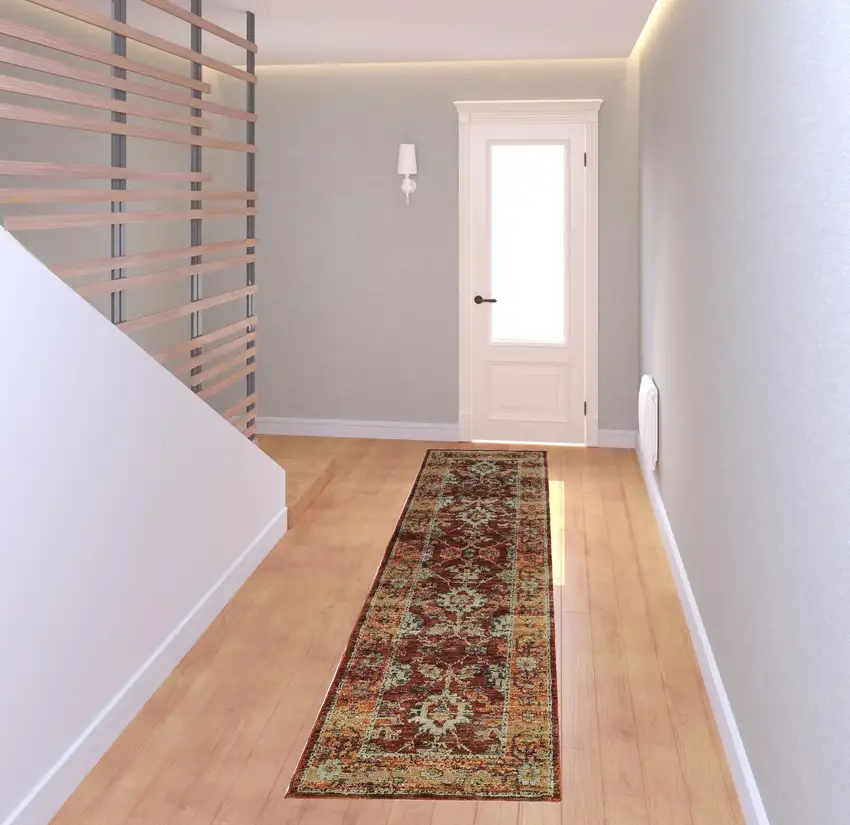 Red Gold And Green Oriental Power Loom Stain Resistant Runner Rug Photo 2