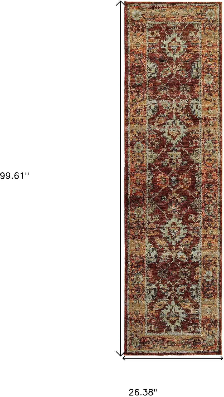 Red Gold And Green Oriental Power Loom Stain Resistant Runner Rug Photo 5