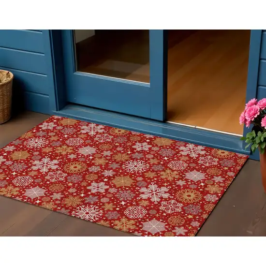 Red Gold And Ivory Medallion Washable Indoor Outdoor Area Rug Photo 2