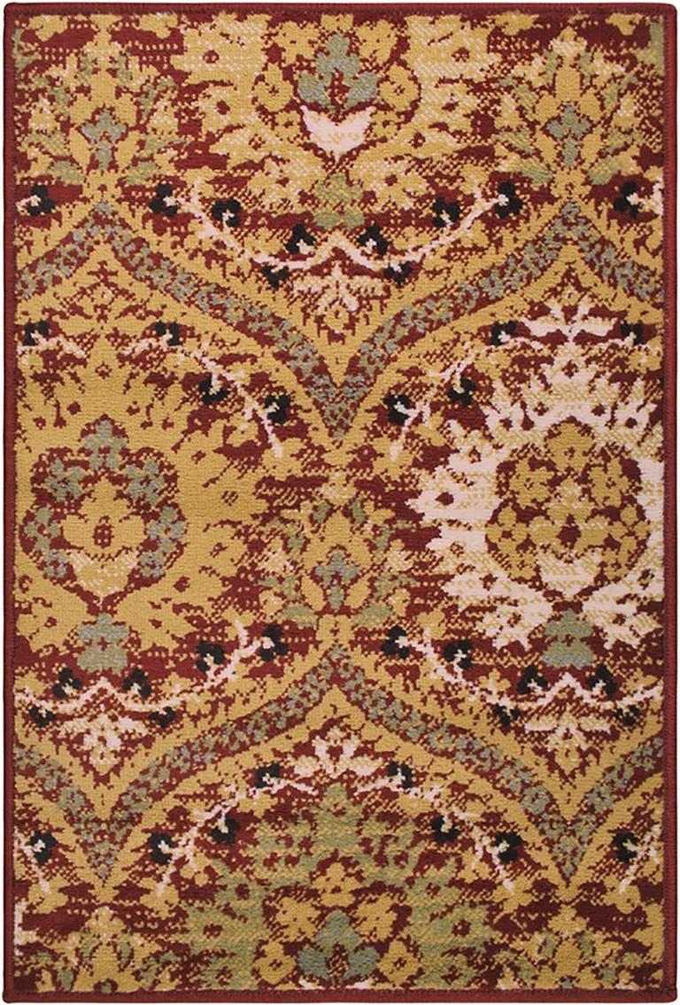 Red Gold And Olive Floral Stain Resistant Area Rug Photo 1