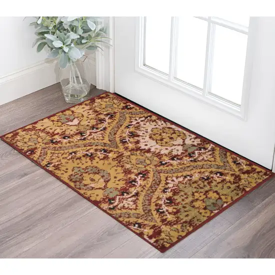 Red Gold And Olive Floral Stain Resistant Area Rug Photo 1