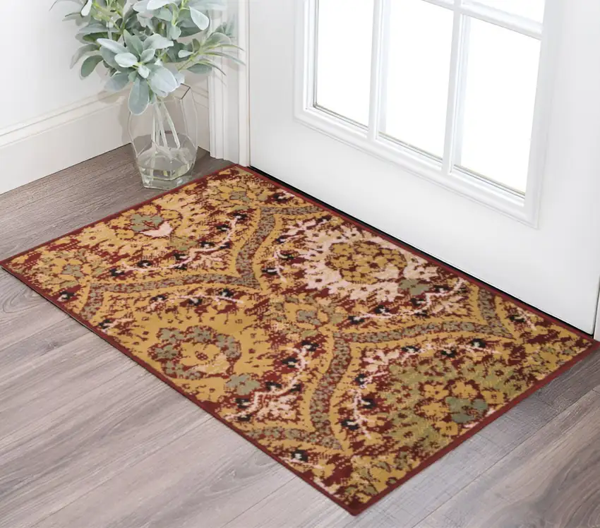 Red Gold And Olive Floral Stain Resistant Area Rug Photo 1