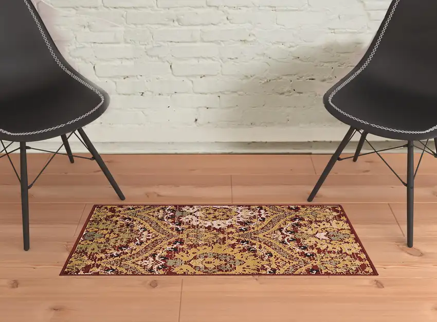 Red Gold And Olive Floral Stain Resistant Area Rug Photo 6