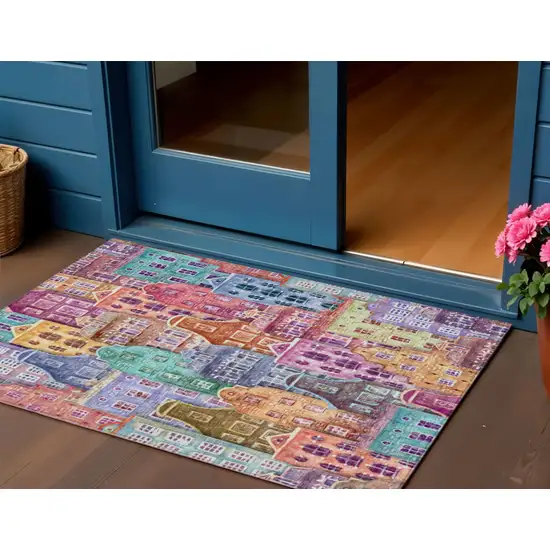 Red Gold And Teal Blue Village Houses Washable Indoor Outdoor Area Rug Photo 1