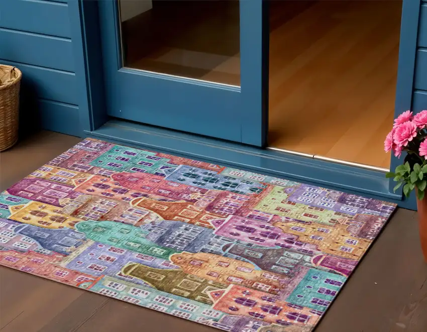 Red Gold And Teal Blue Village Houses Washable Indoor Outdoor Area Rug Photo 1