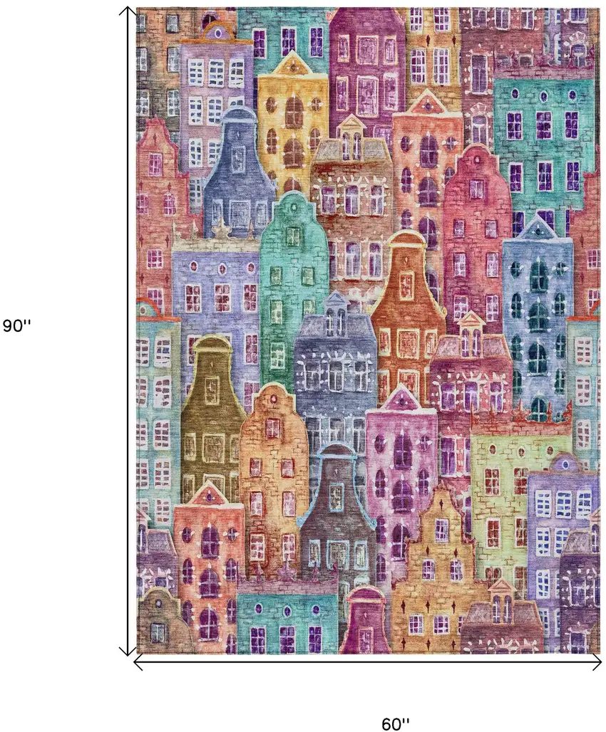 Red Gold And Teal Blue Village Houses Washable Indoor Outdoor Area Rug Photo 3