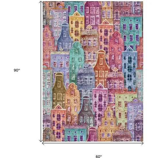 Red Gold And Teal Blue Village Houses Washable Indoor Outdoor Area Rug Photo 3