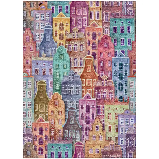 Red Gold And Teal Blue Village Houses Washable Indoor Outdoor Area Rug Photo 2