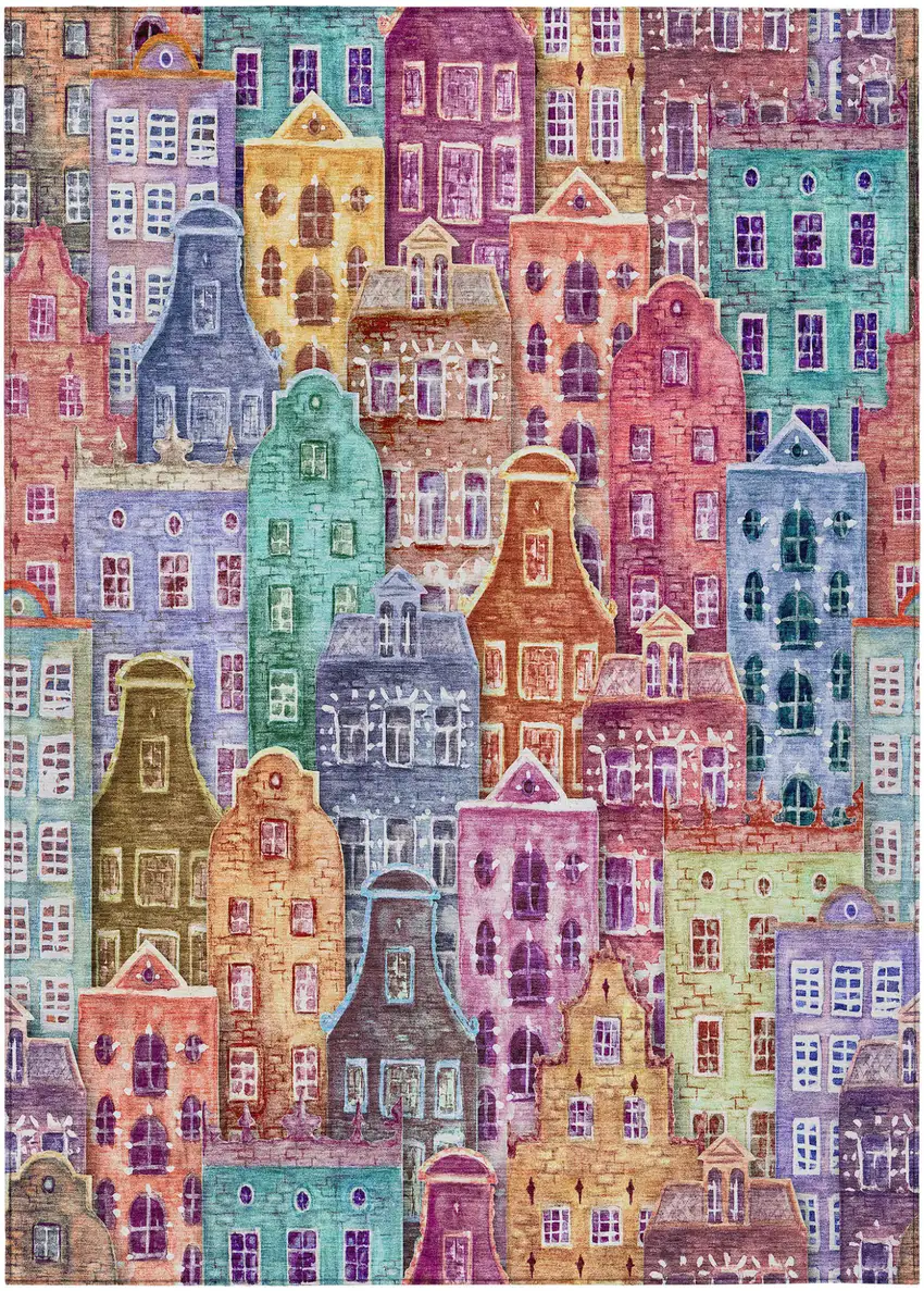 Red Gold And Teal Blue Village Houses Washable Indoor Outdoor Area Rug Photo 2